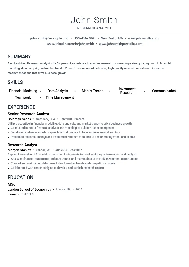 Research Analyst for Equities resume example