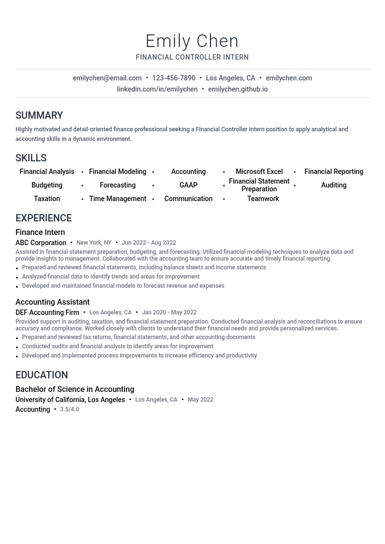 Financial Controller Intern resume example