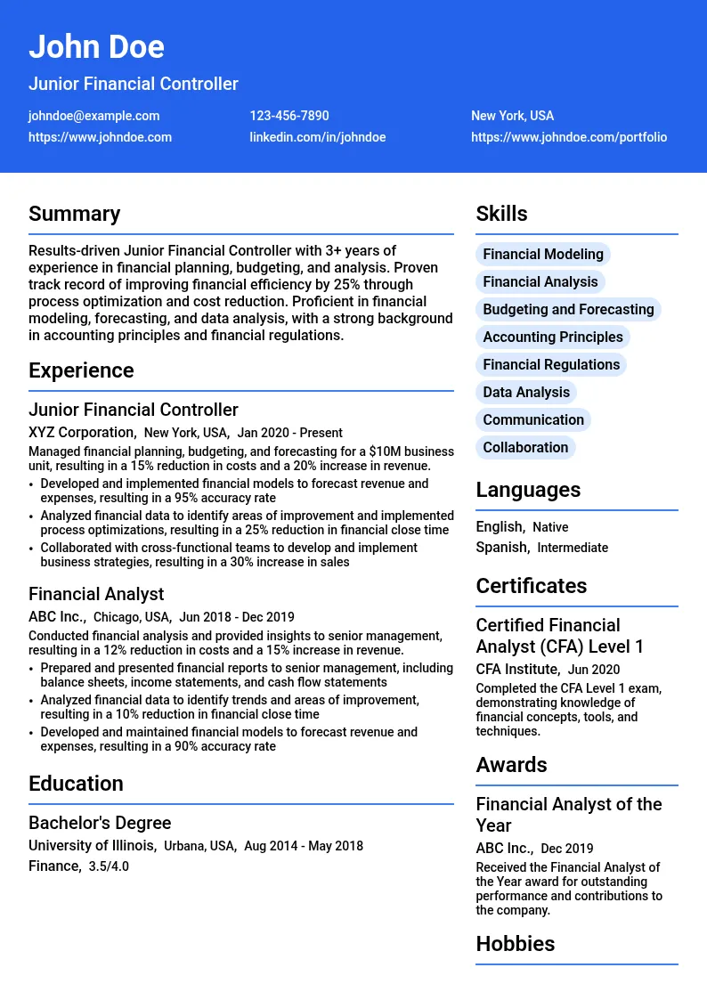 Junior Financial Controller resume example