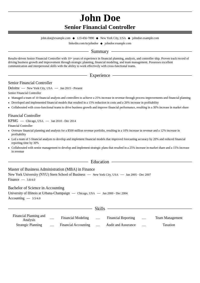 Senior Financial Controller resume example