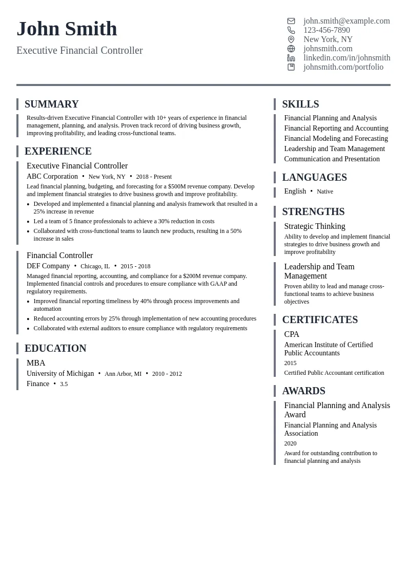 Executive Financial Controller resume example