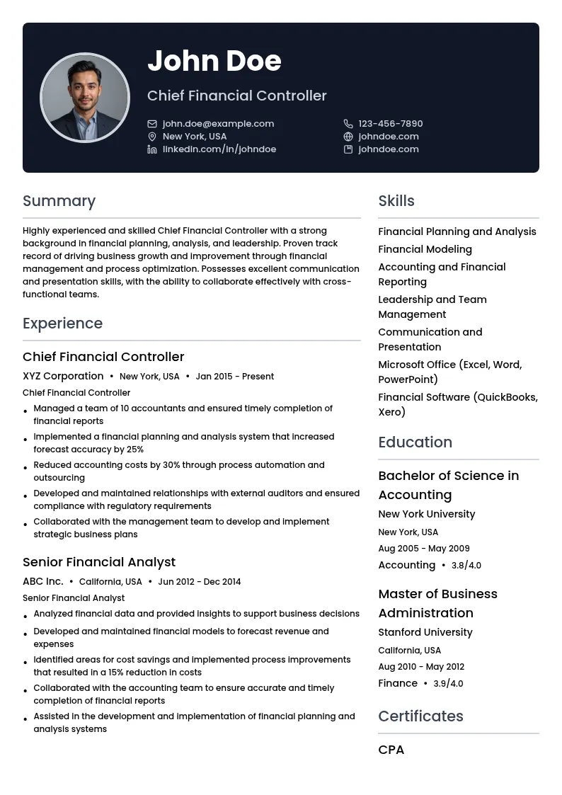 Chief Financial Controller resume example