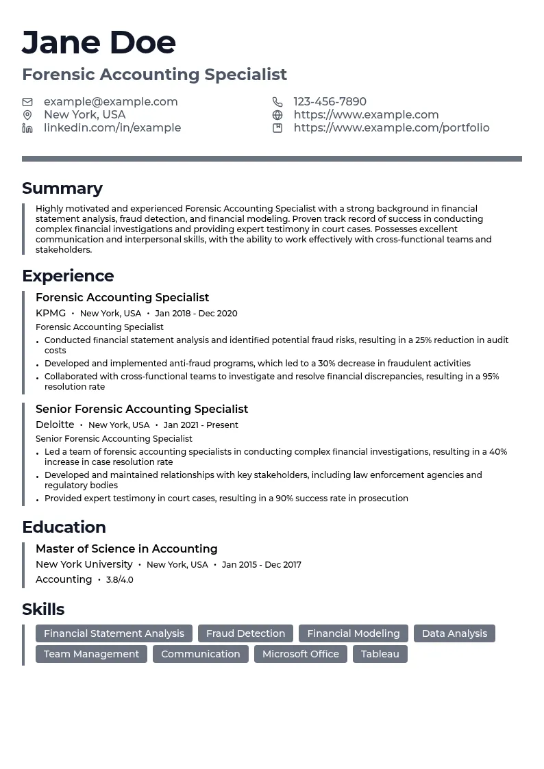 Forensic Accounting Specialist resume example