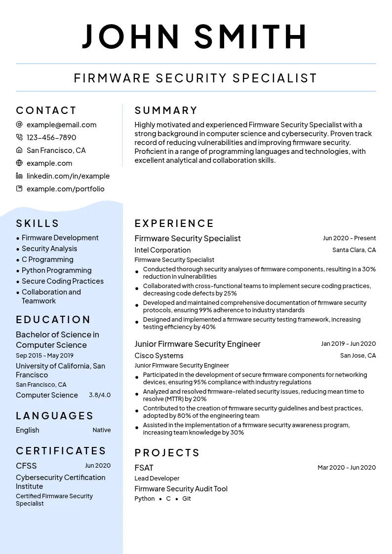 Firmware Security Specialist resume example