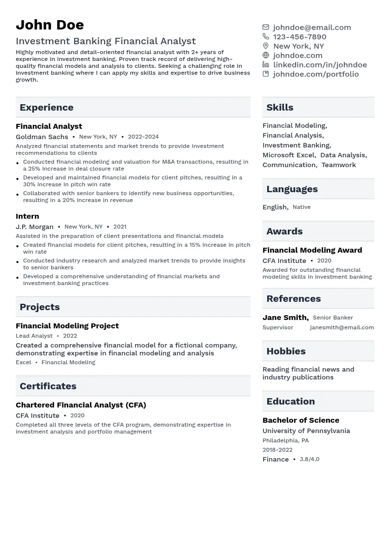 Investment Banking Financial Analyst resume example