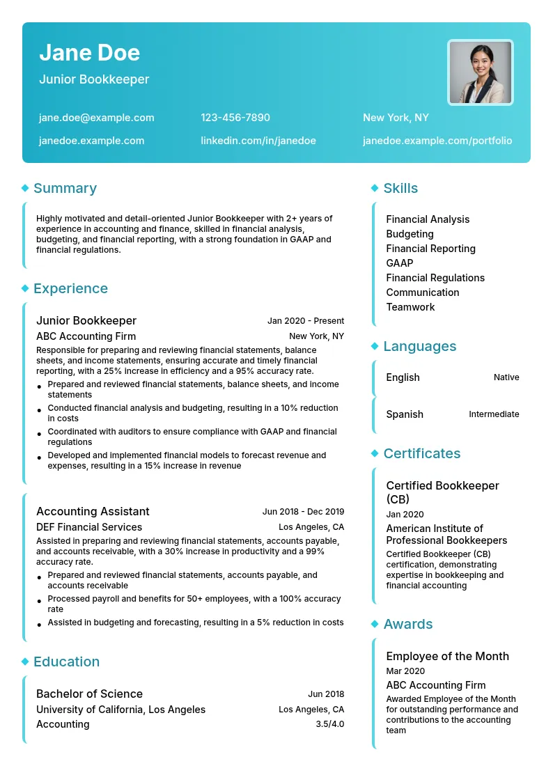 Junior Bookkeeper resume example