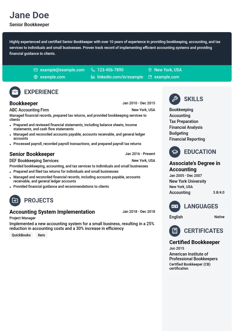 Senior Bookkeeper resume example