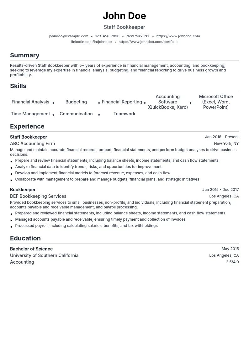 Staff Bookkeeper resume example