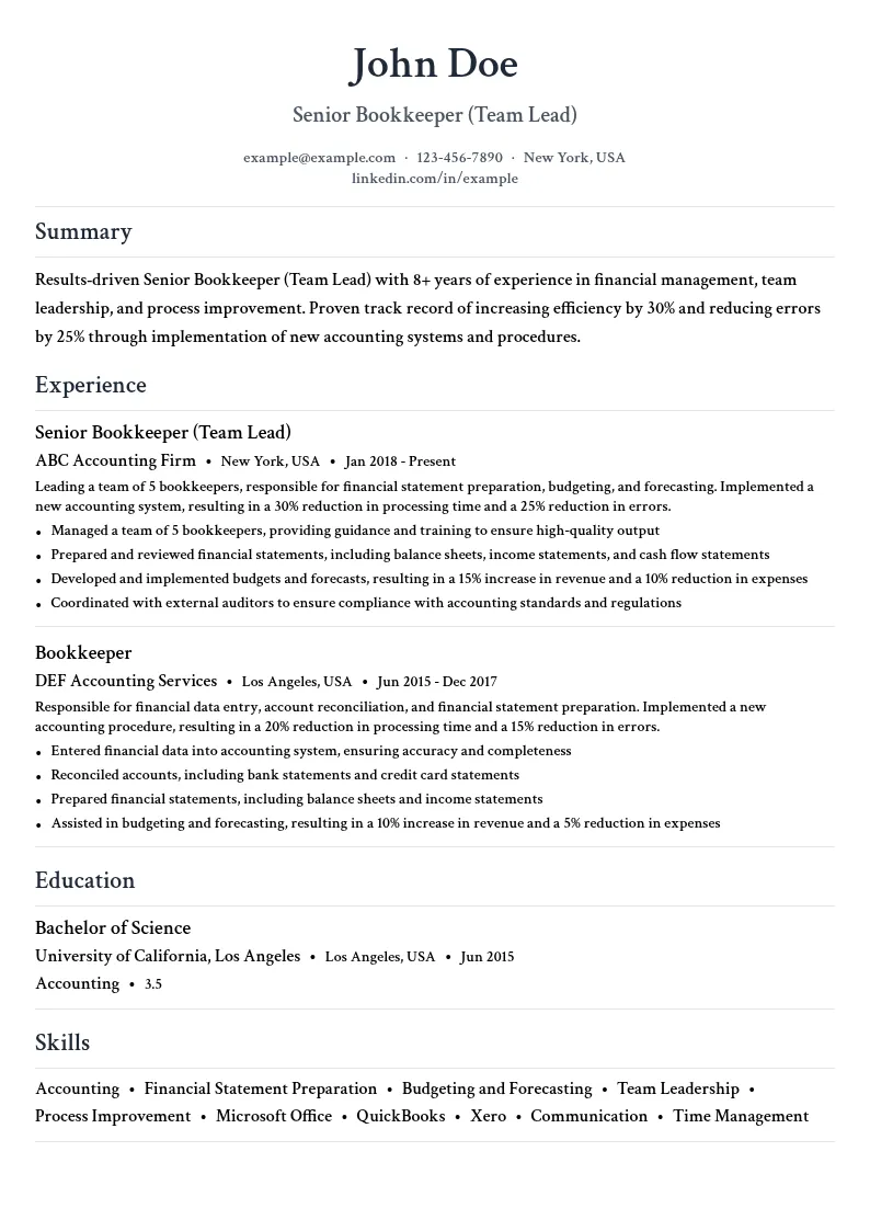 Senior Bookkeeper (Team Lead) resume example