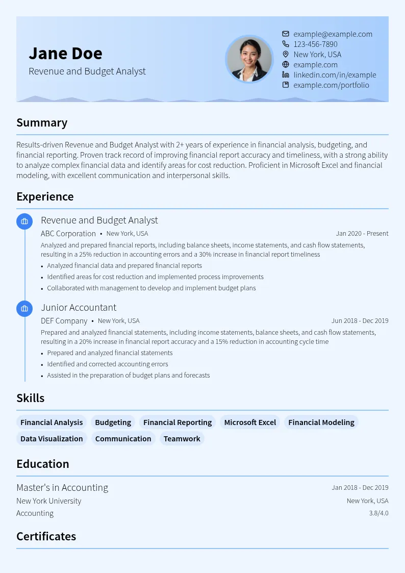 Revenue and Budget Analyst resume example