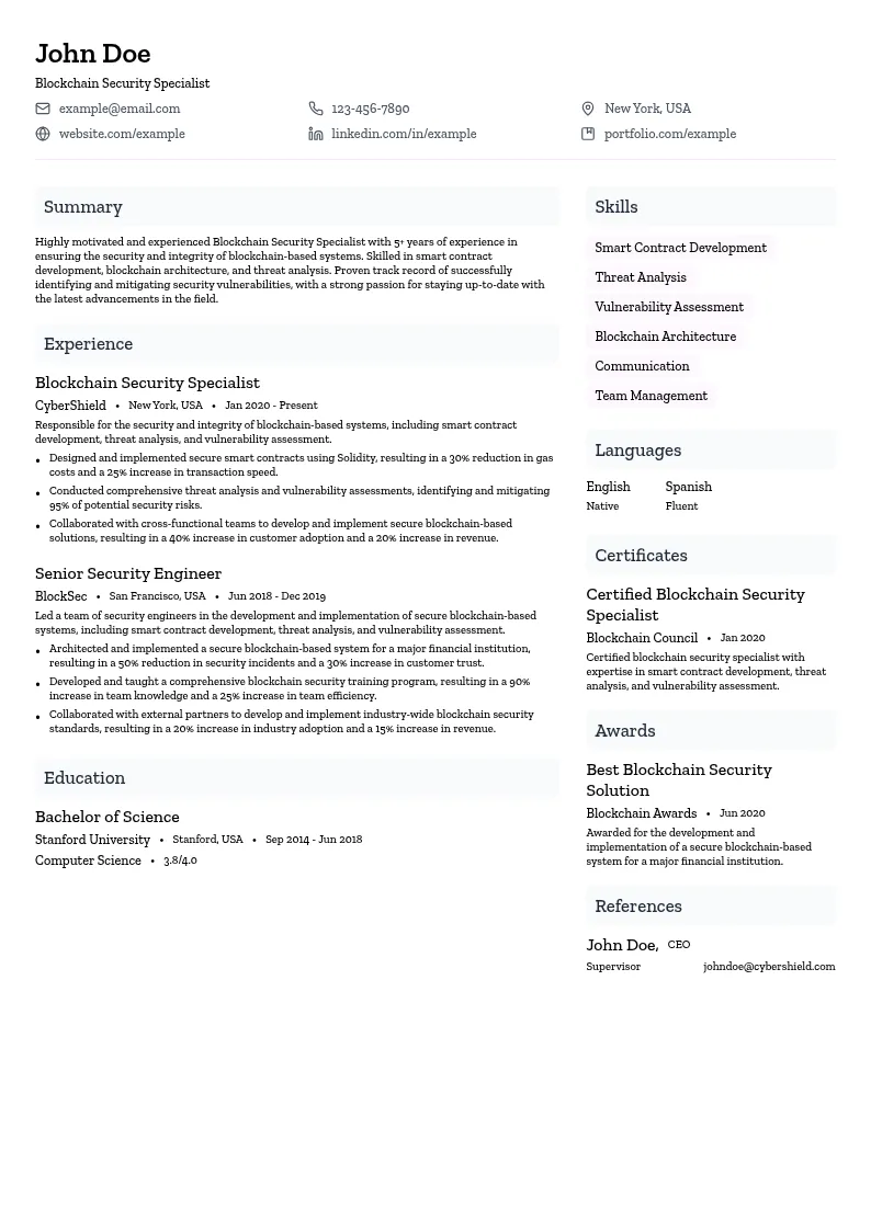 Blockchain Security Specialist resume example