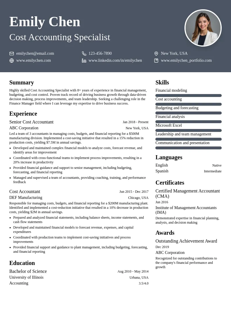 Cost Accounting Specialist resume example
