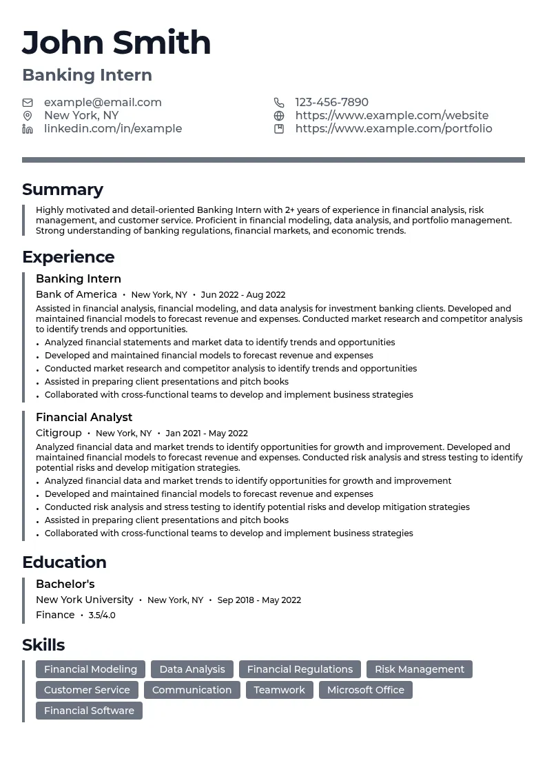 Banking Intern resume example