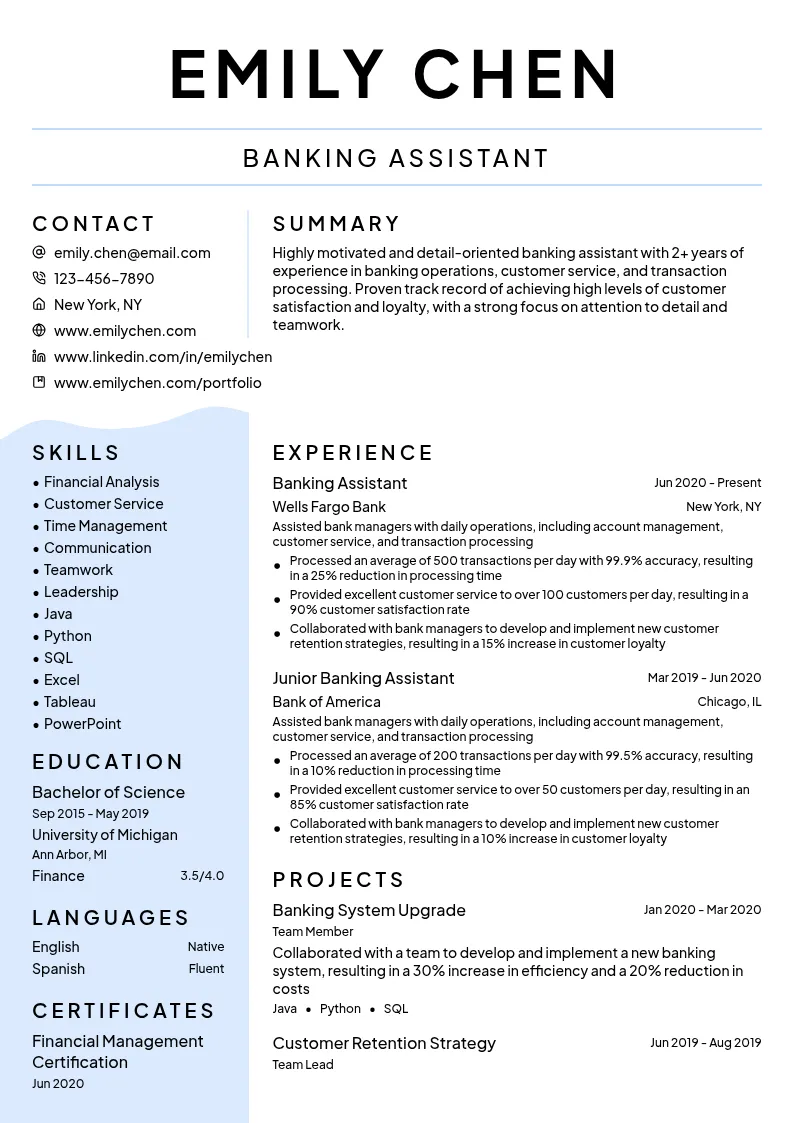 Banking Assistant resume example