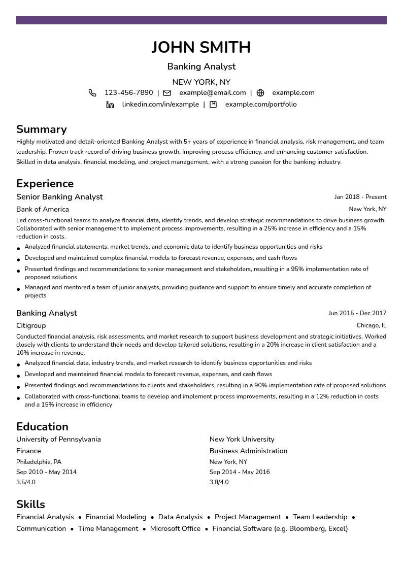 Banking Analyst resume example