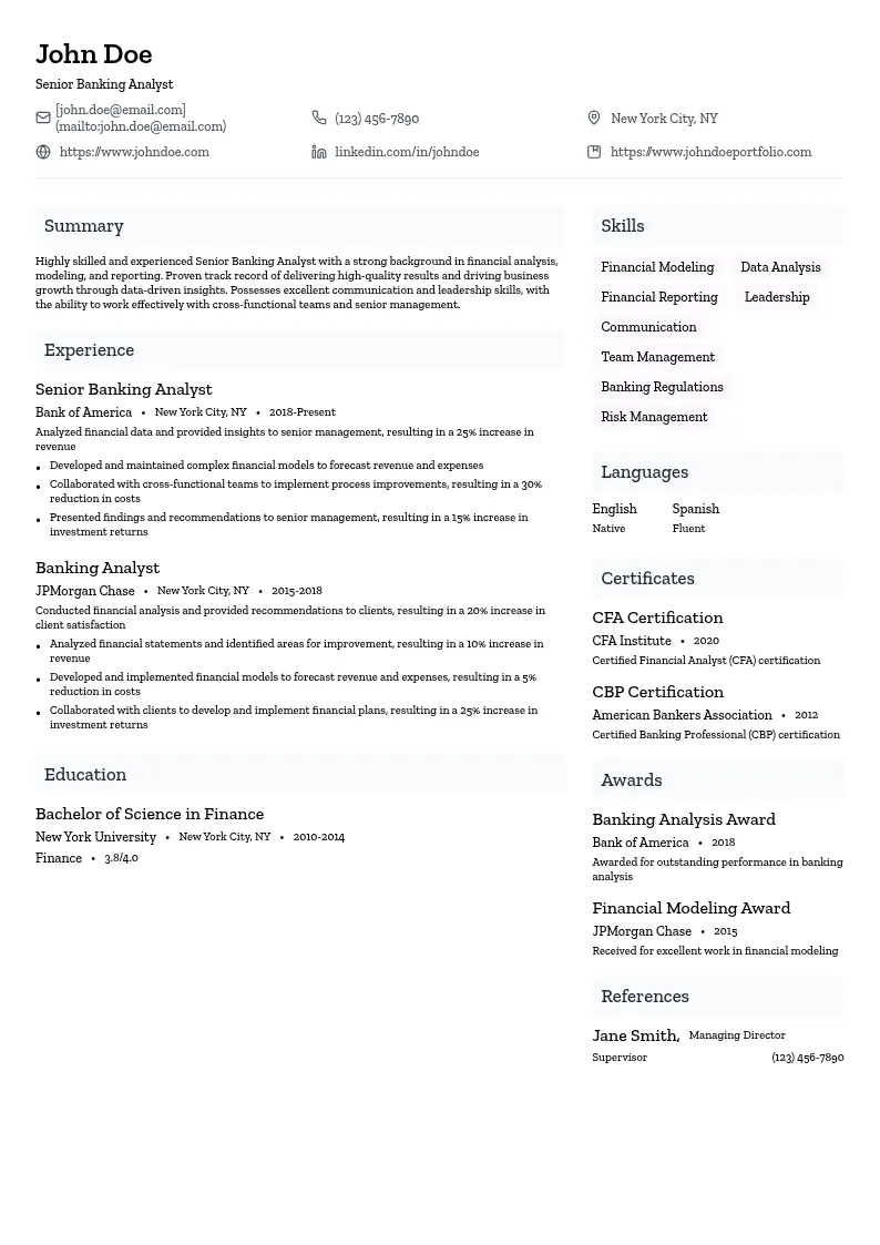 Senior Banking Analyst resume example
