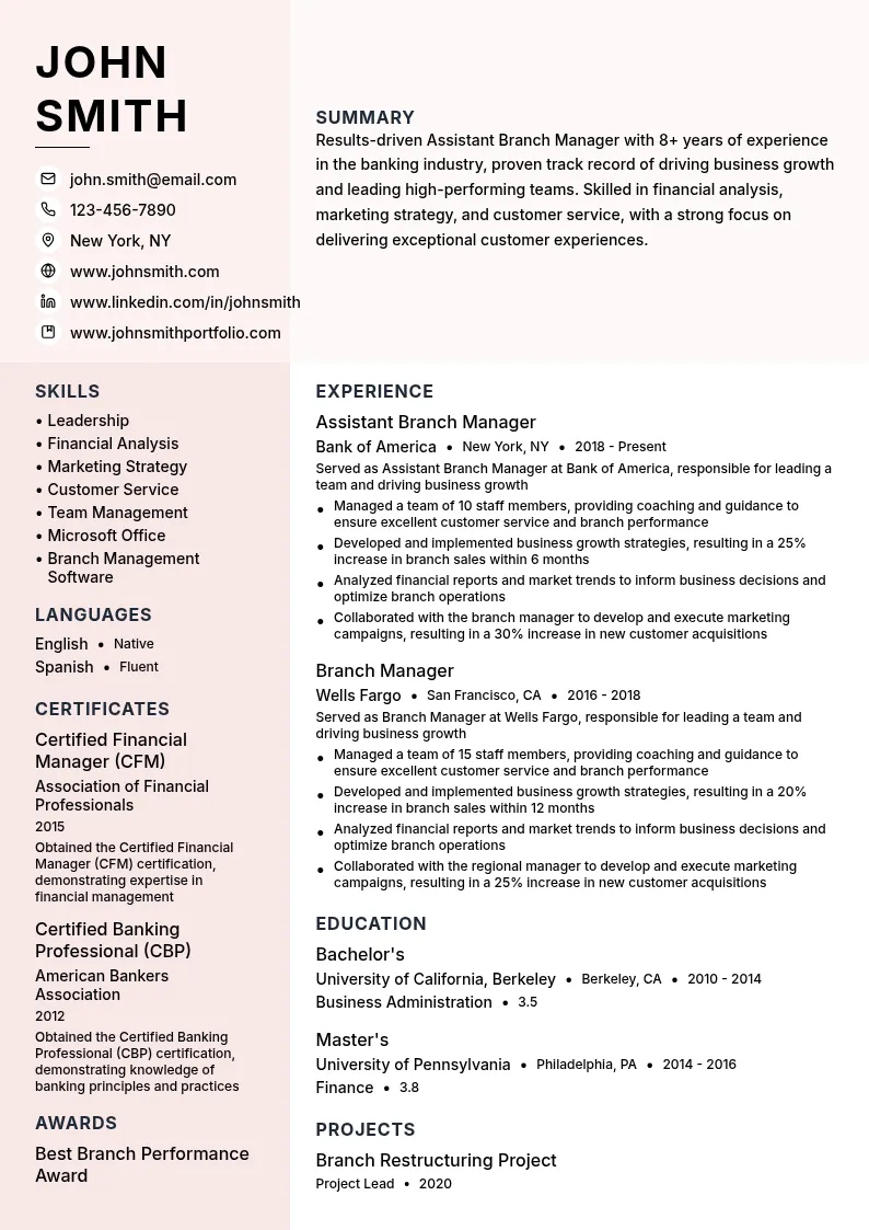 Assistant Branch Manager resume example