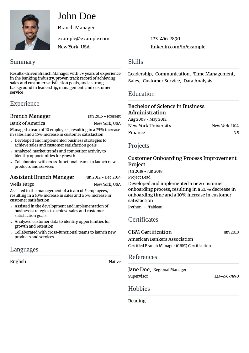 Branch Manager resume example