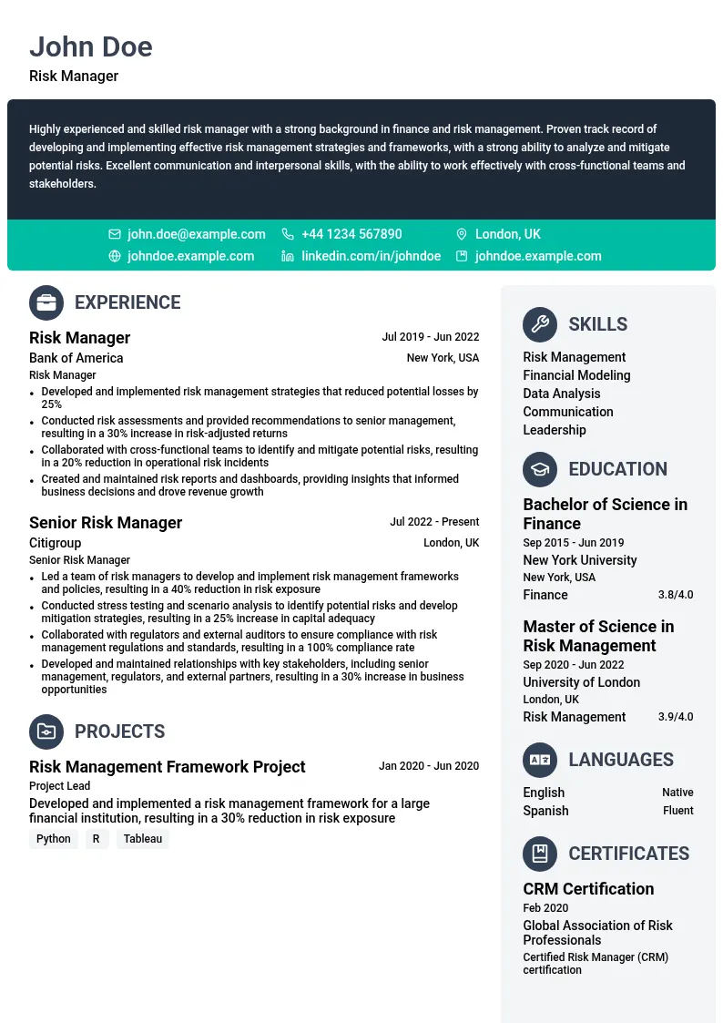 Risk Manager resume example