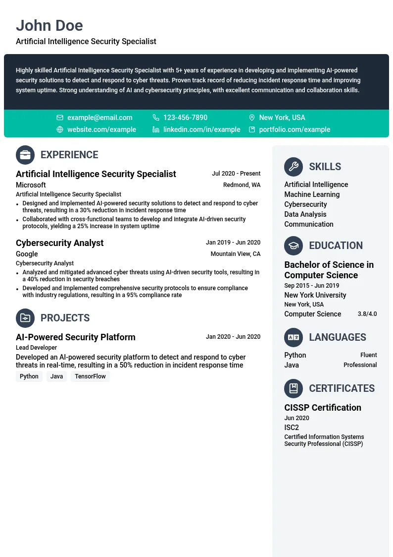 Artificial Intelligence Security Specialist resume example