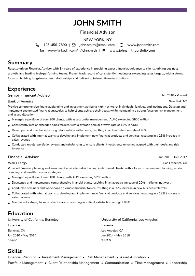 Financial Advisor resume example