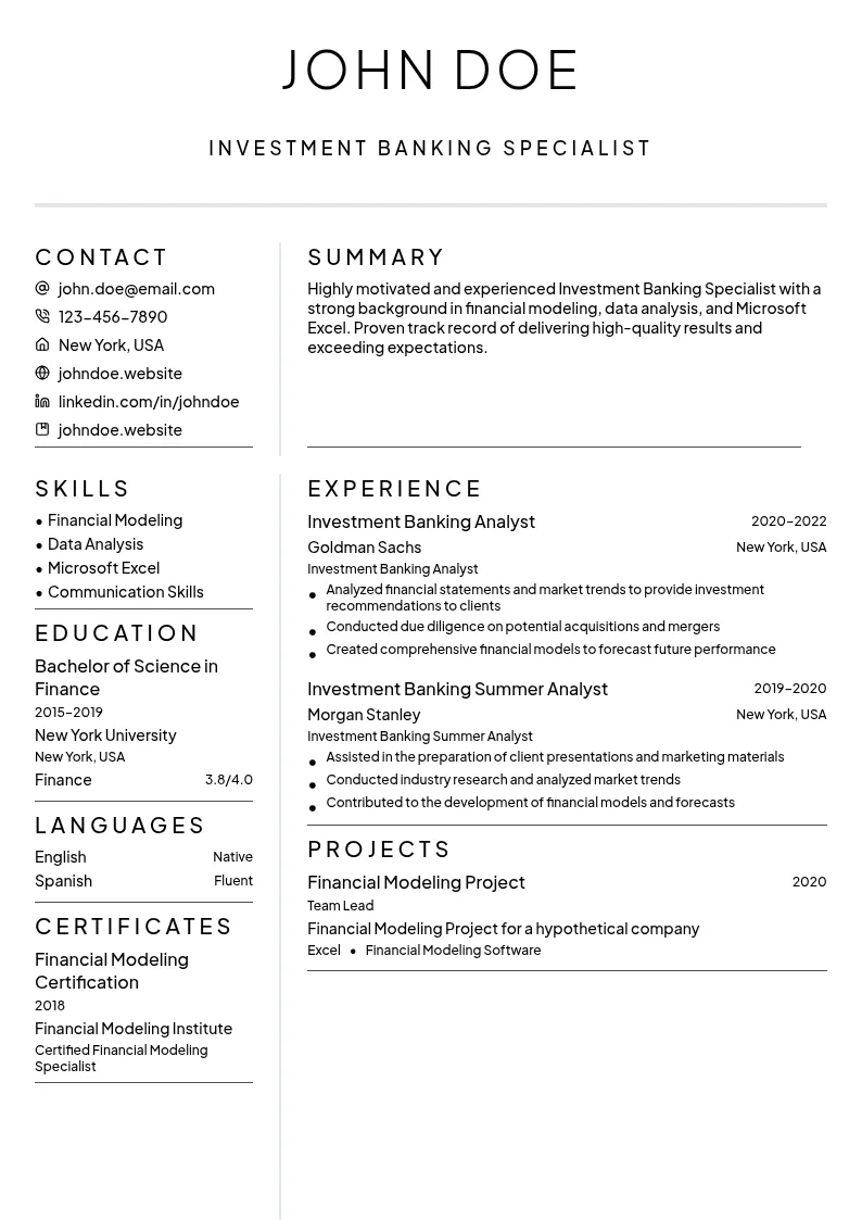 Investment Banking Specialist resume example
