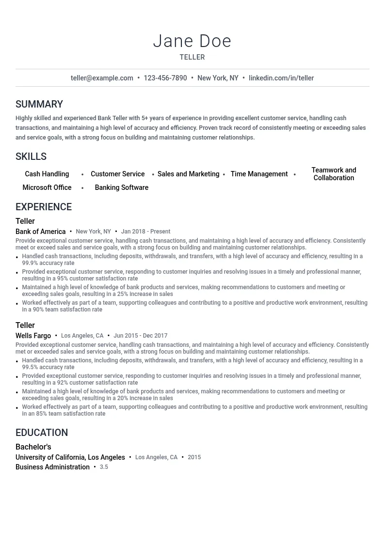 Teller resume example
