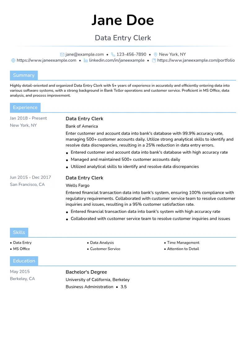 Data Entry Clerk resume example