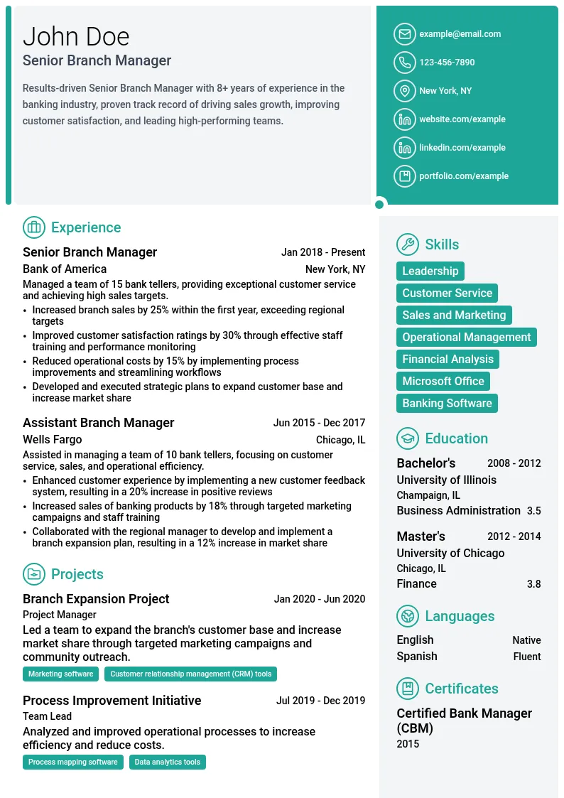Senior Branch Manager resume example
