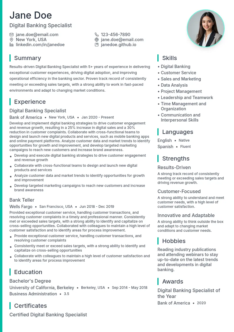 Digital Banking Specialist resume example