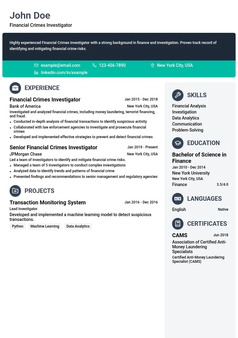 Financial Crimes Investigator resume example