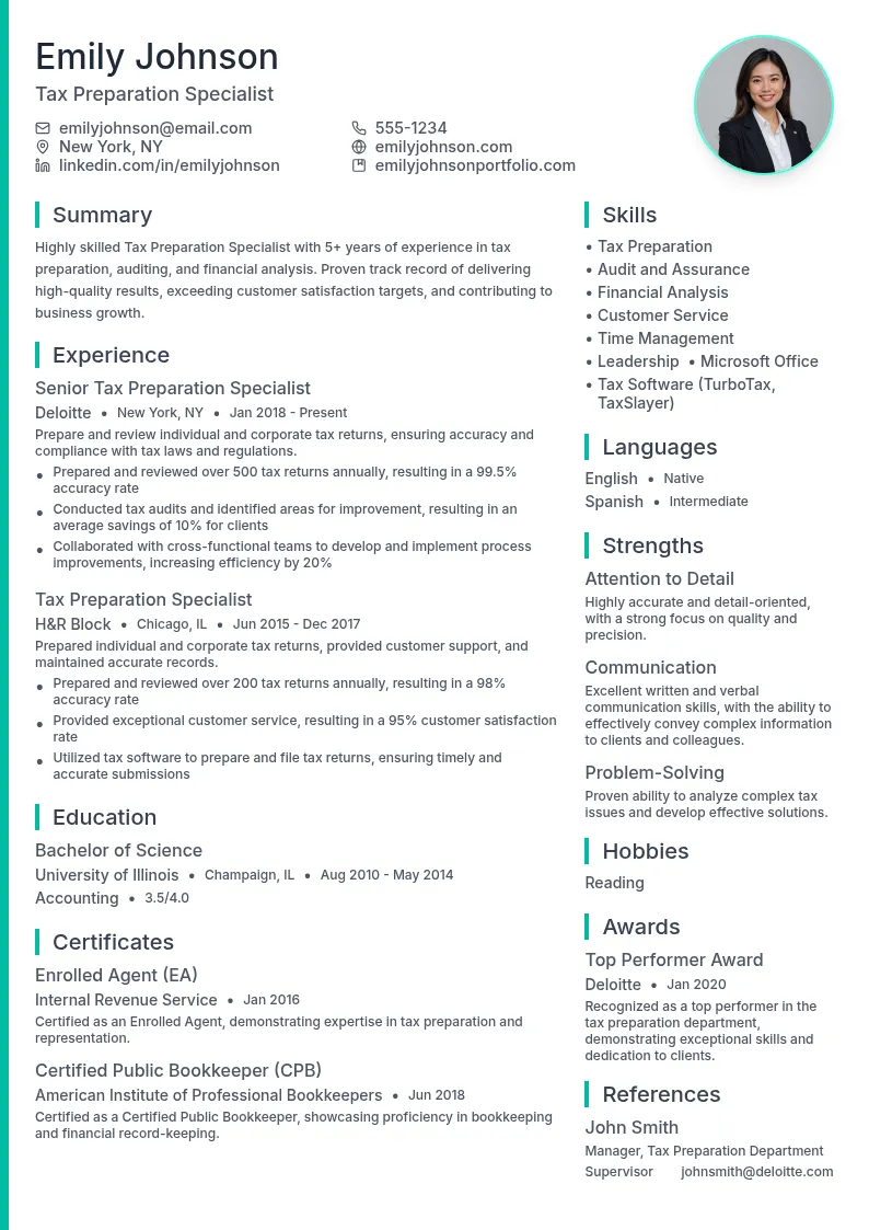 Tax Preparation Specialist resume example