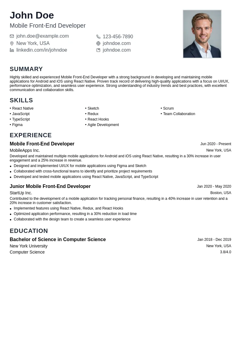 Mobile Front-End Developer resume example