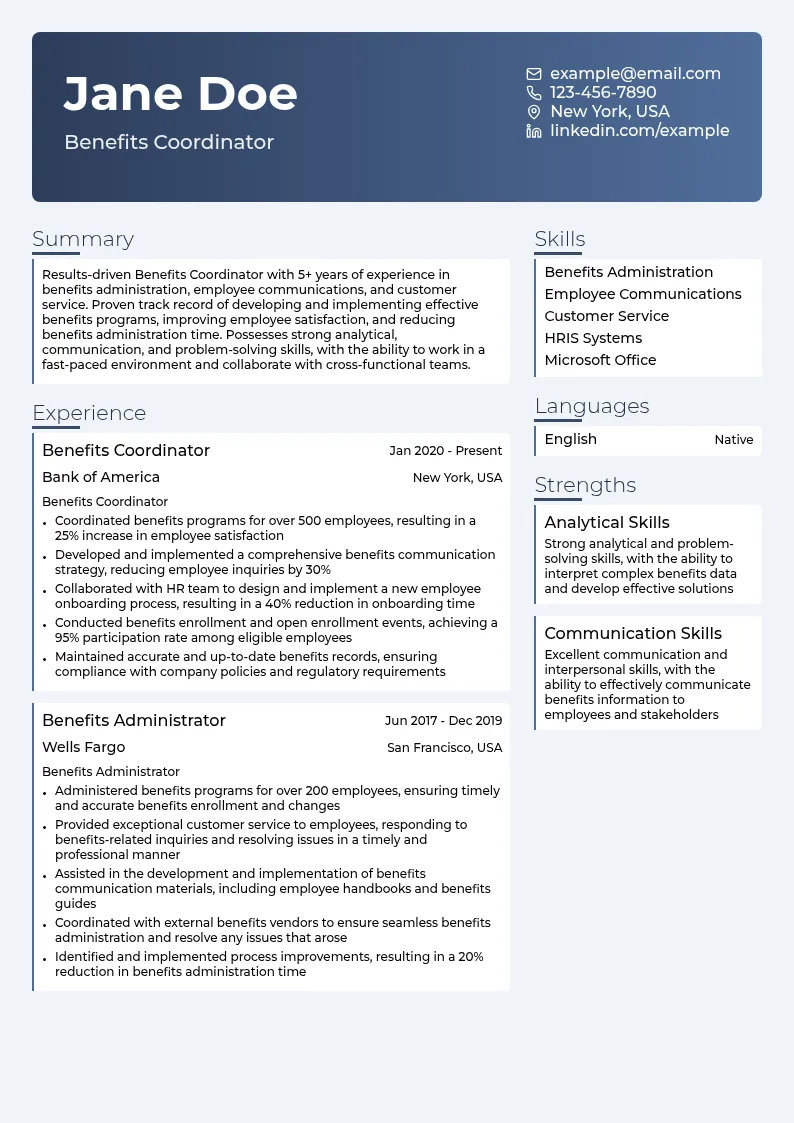 Benefits Coordinator resume example