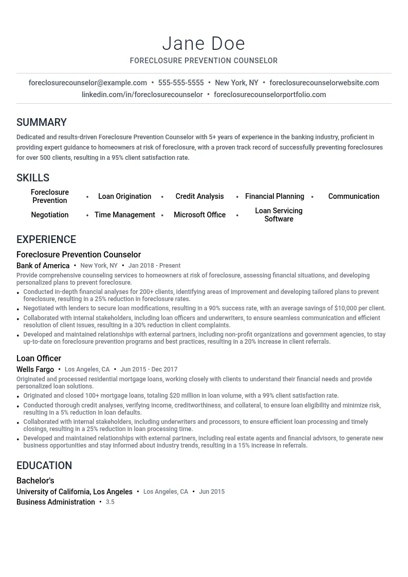 Foreclosure Prevention Counselor resume example