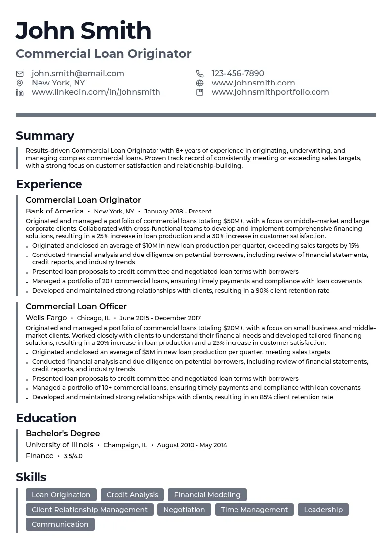 Commercial Loan Originator resume example