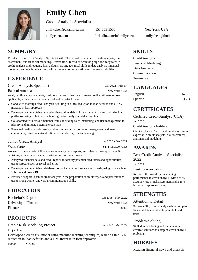 Credit Analysis Specialist resume example
