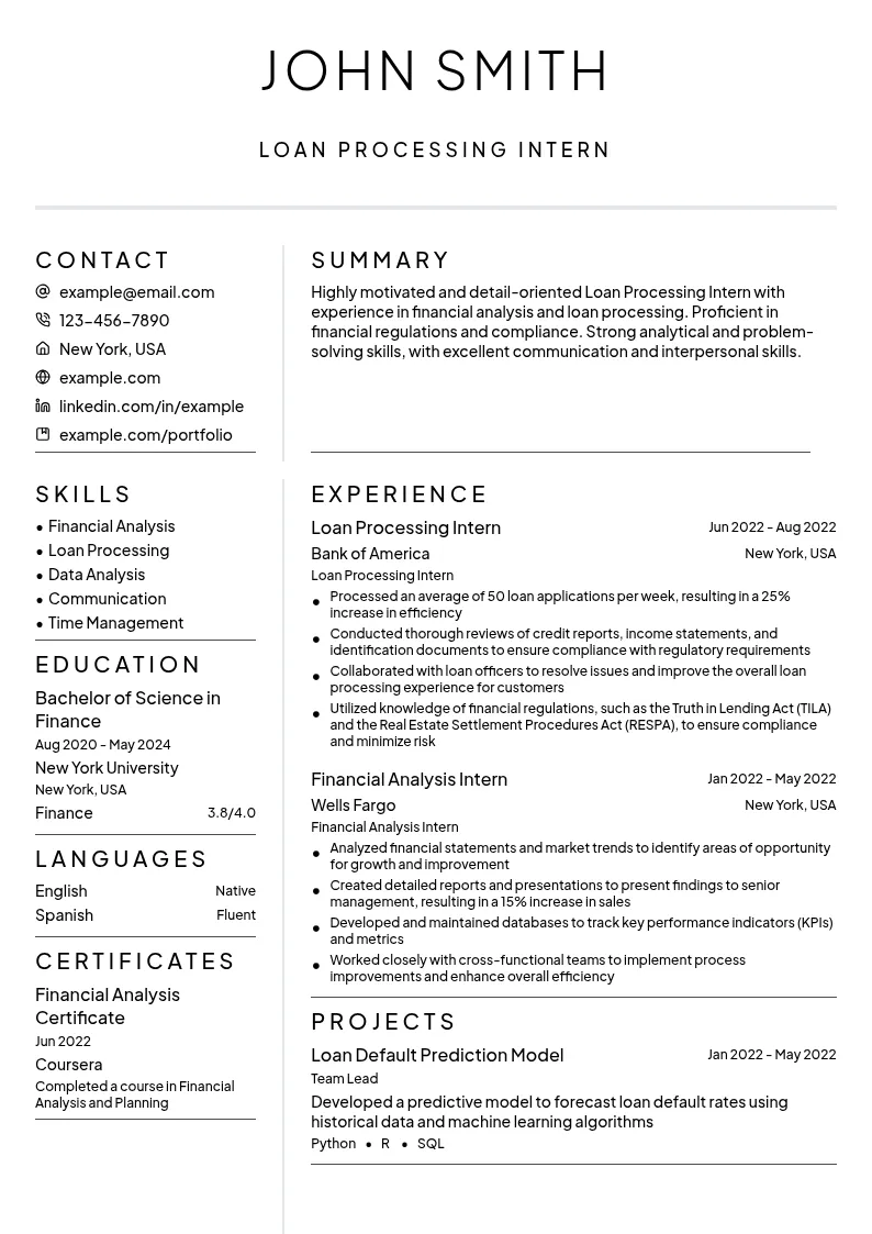 Loan Processing Intern resume example