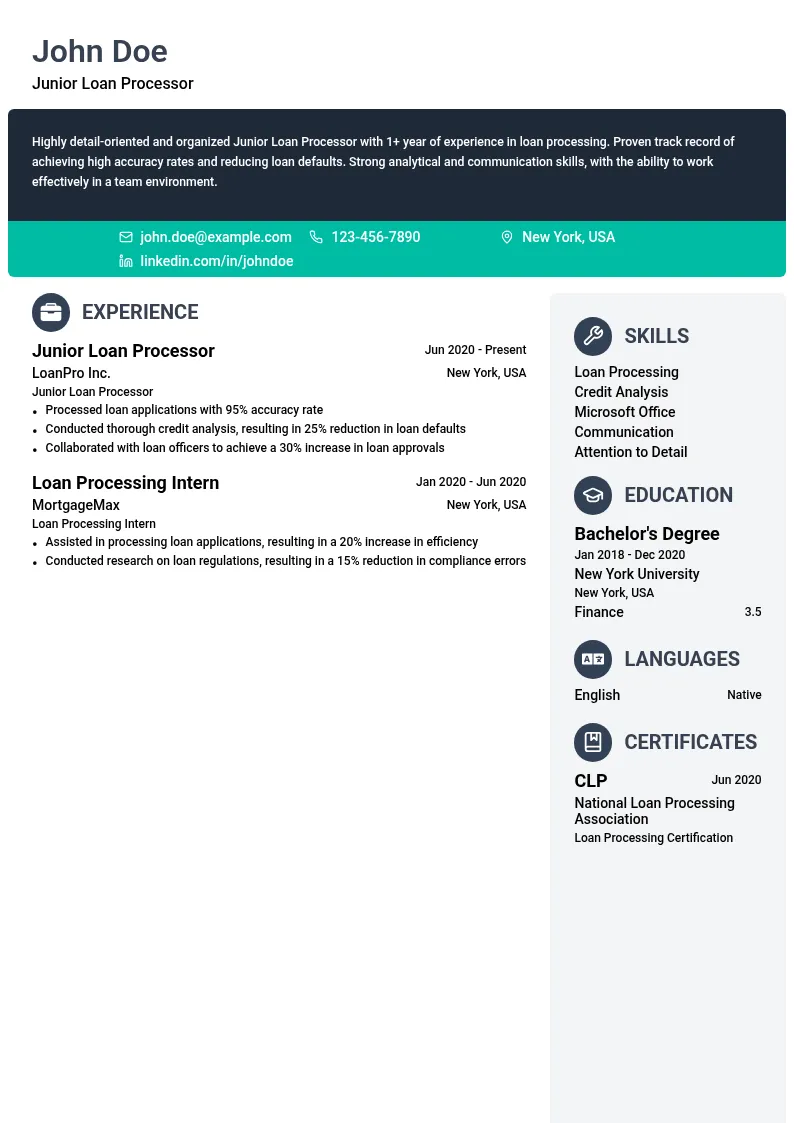 Junior Loan Processor resume example
