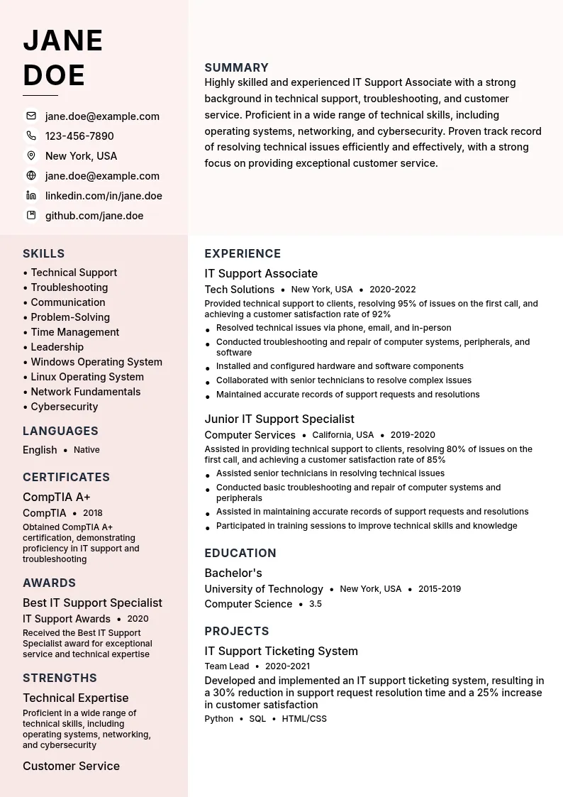 IT Support Associate resume example
