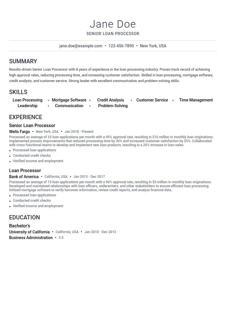 Senior Loan Processor resume example