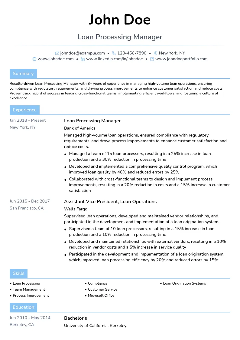Loan Processing Manager resume example