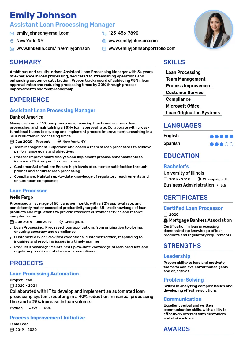 Assistant Loan Processing Manager resume example