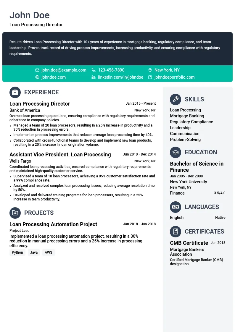 Loan Processing Director resume example