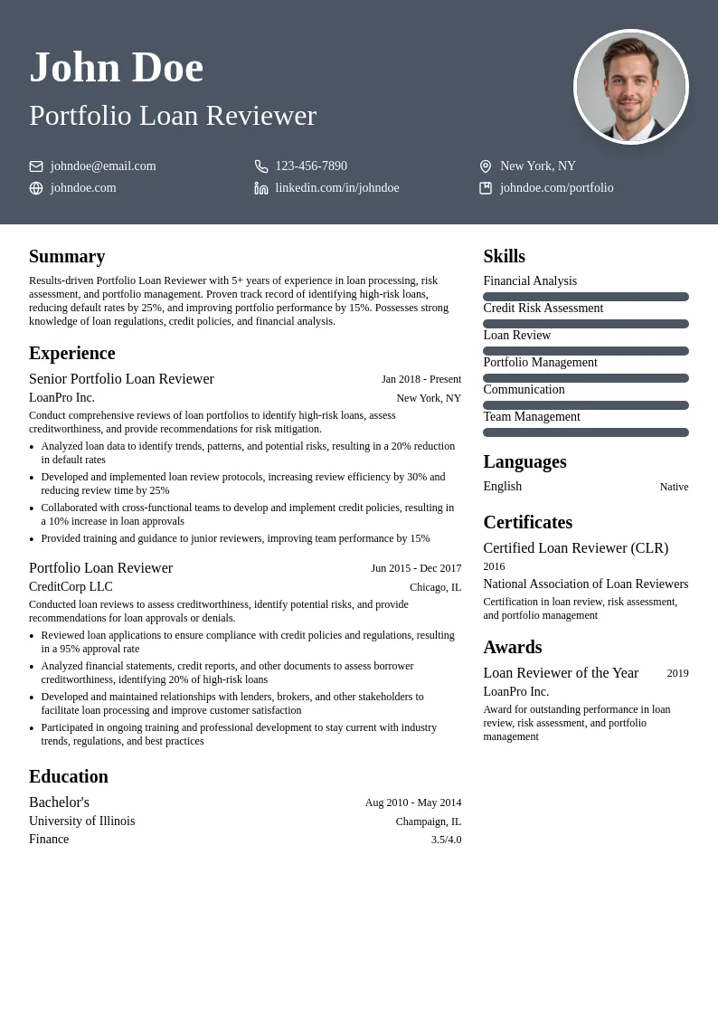 Portfolio Loan Reviewer resume example