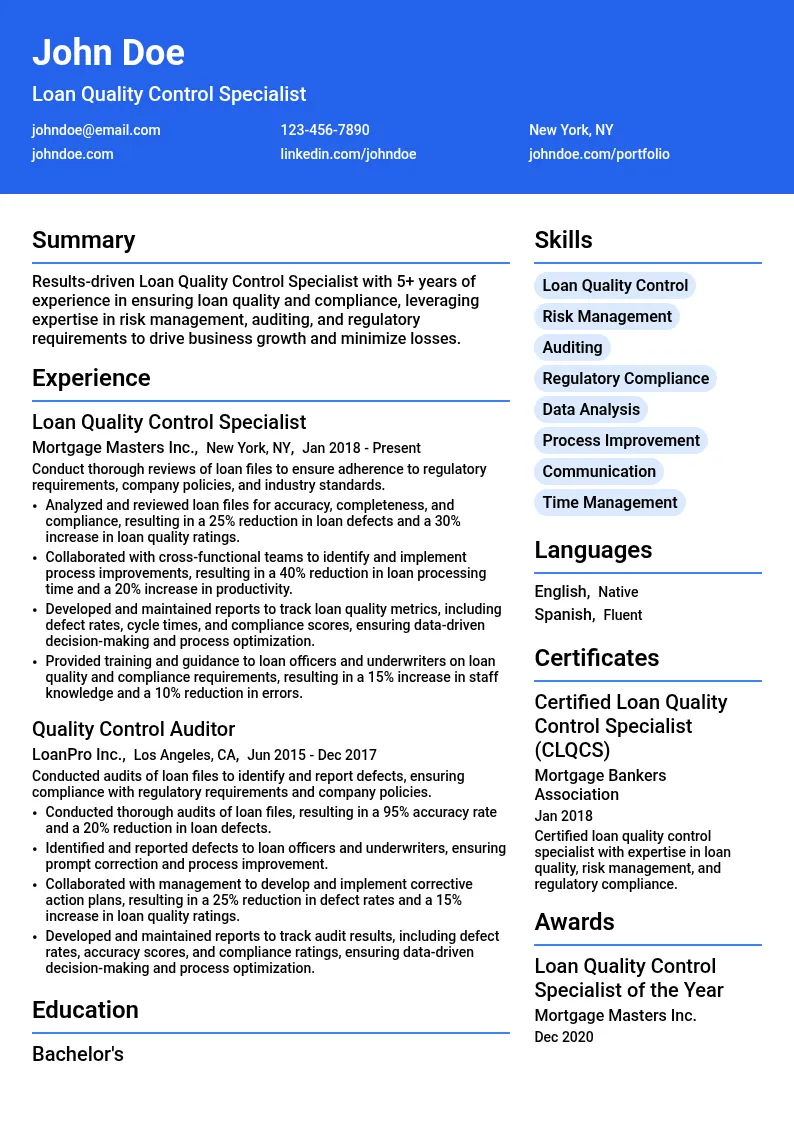 Loan Quality Control Specialist resume example