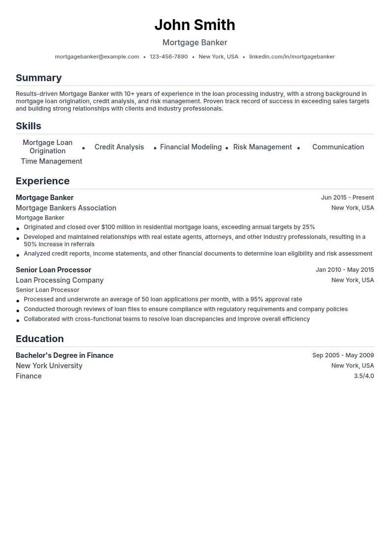 Mortgage Banker resume example
