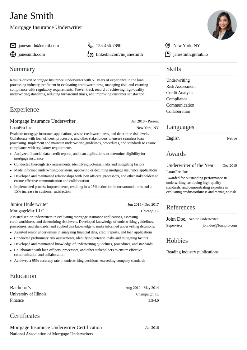 Mortgage Insurance Underwriter resume example