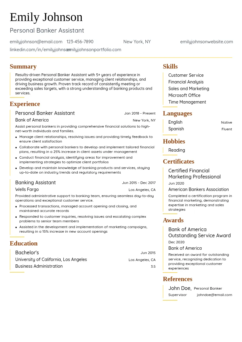 Personal Banker Assistant resume example