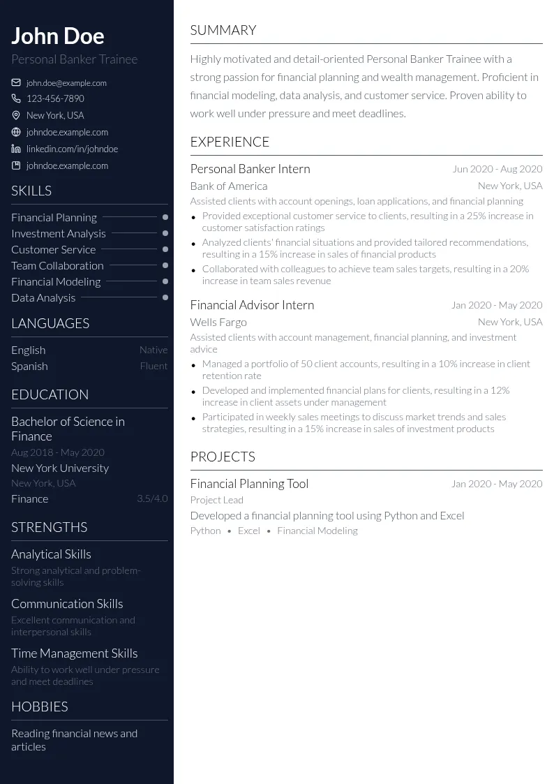 Personal Banker Trainee resume example